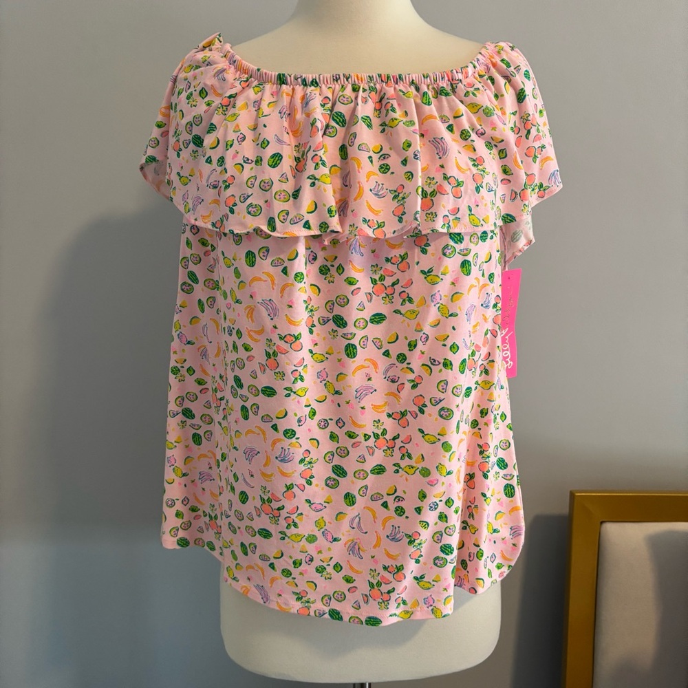 NWT Lilly Pulitzer La Fourtuna Ruffle Top in Lil Juicy Fruit Print Size Large